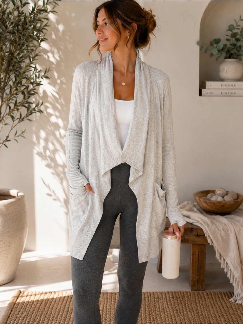 Athleta Gray Shawl Collar Cardigan Thumbholes Pockets Modal Blend S